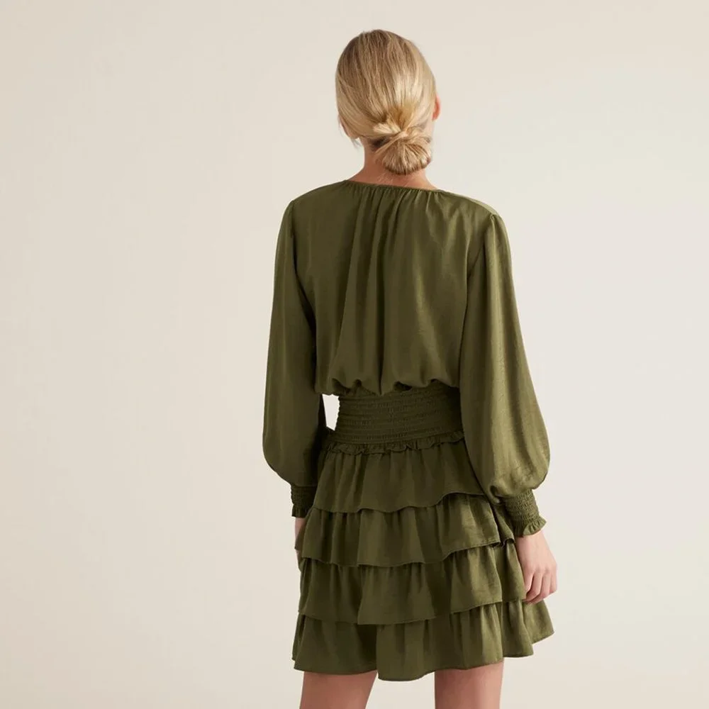 SEED HERITAGE Khaki Green Tiered Frill Long Sleeve Mini Dress - Picture 7 of 13
